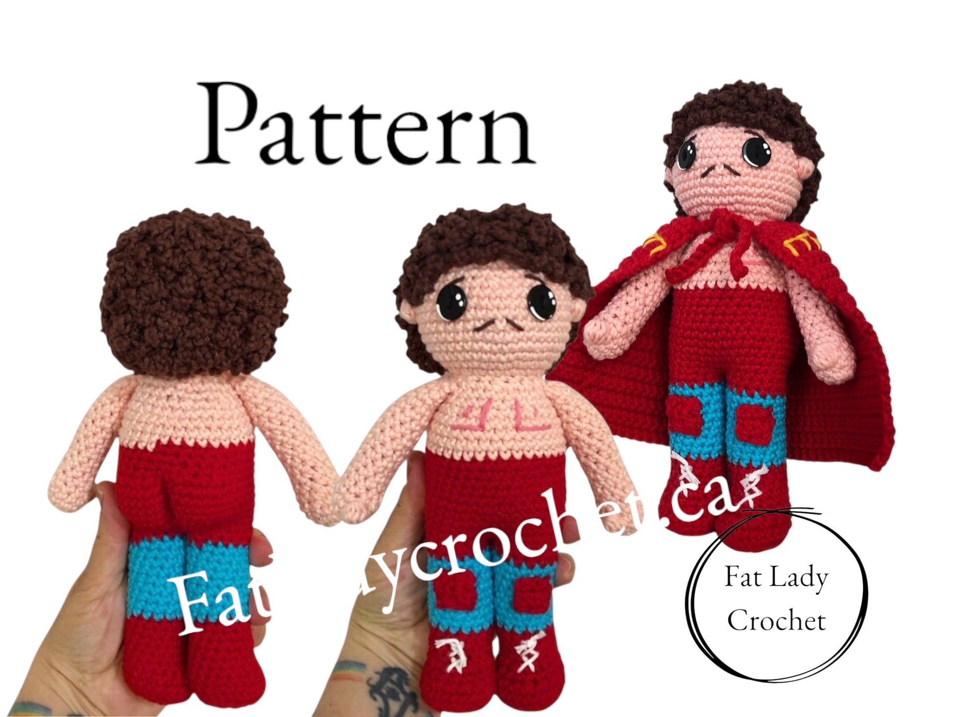 Crocheted doll of Ignacio from Nacho Libre with cape and boots with text that says "Pattern," and "Fat Lady Crochet." 