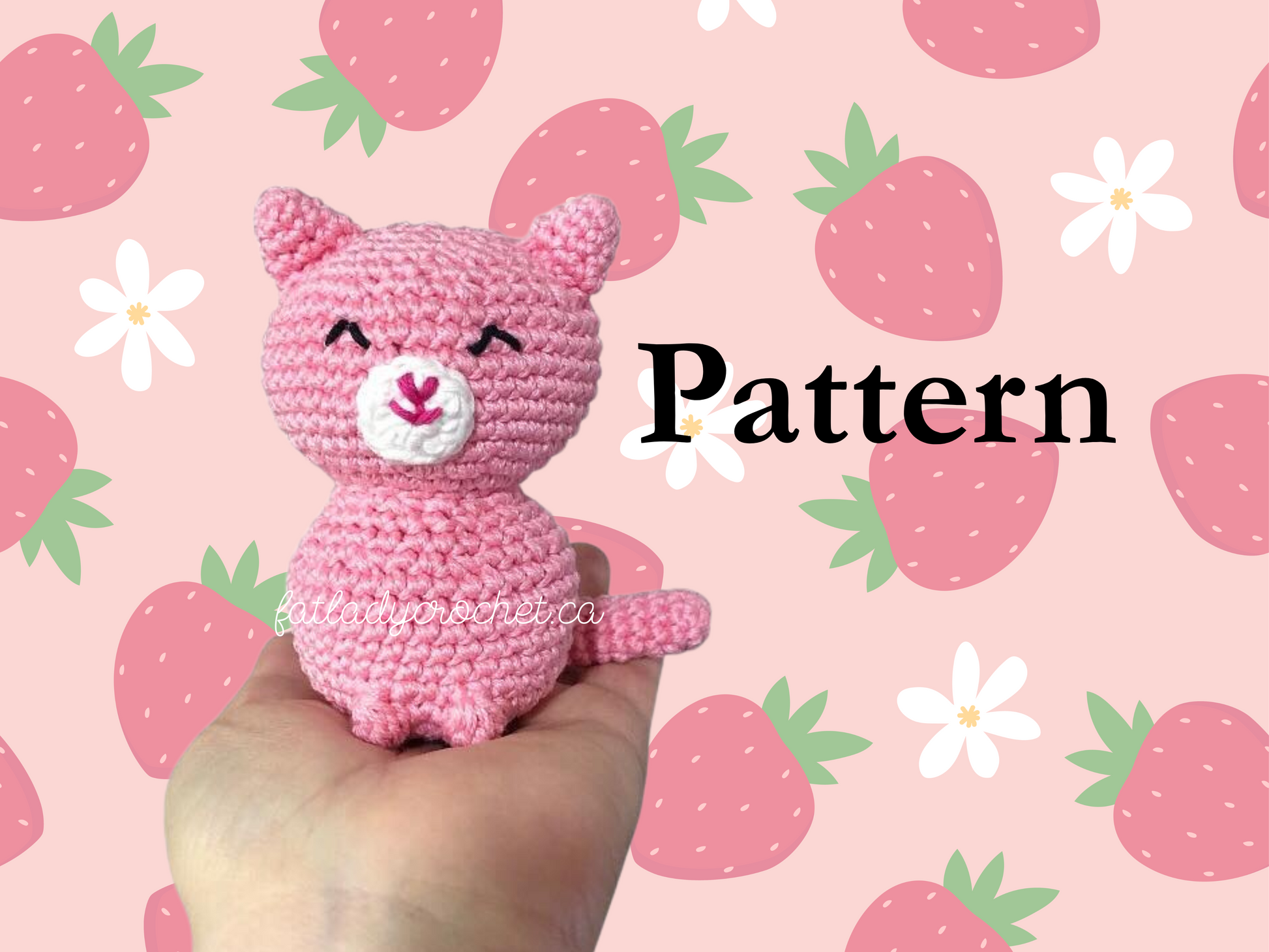 Pink crochet cat named Custard held against a pink strawberry and flower patterned background with 'Pattern' text.