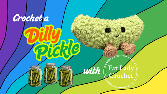 Promotional image for a crochet pattern featuring a plush toy resembling a dill pickle.