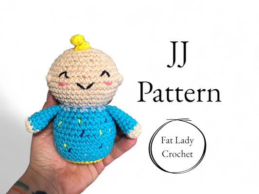A crochet doll resembling JJ from Cocomelon being held up against a white background with text that reads "JJ Pattern," and "Fat Lady Crochet." 