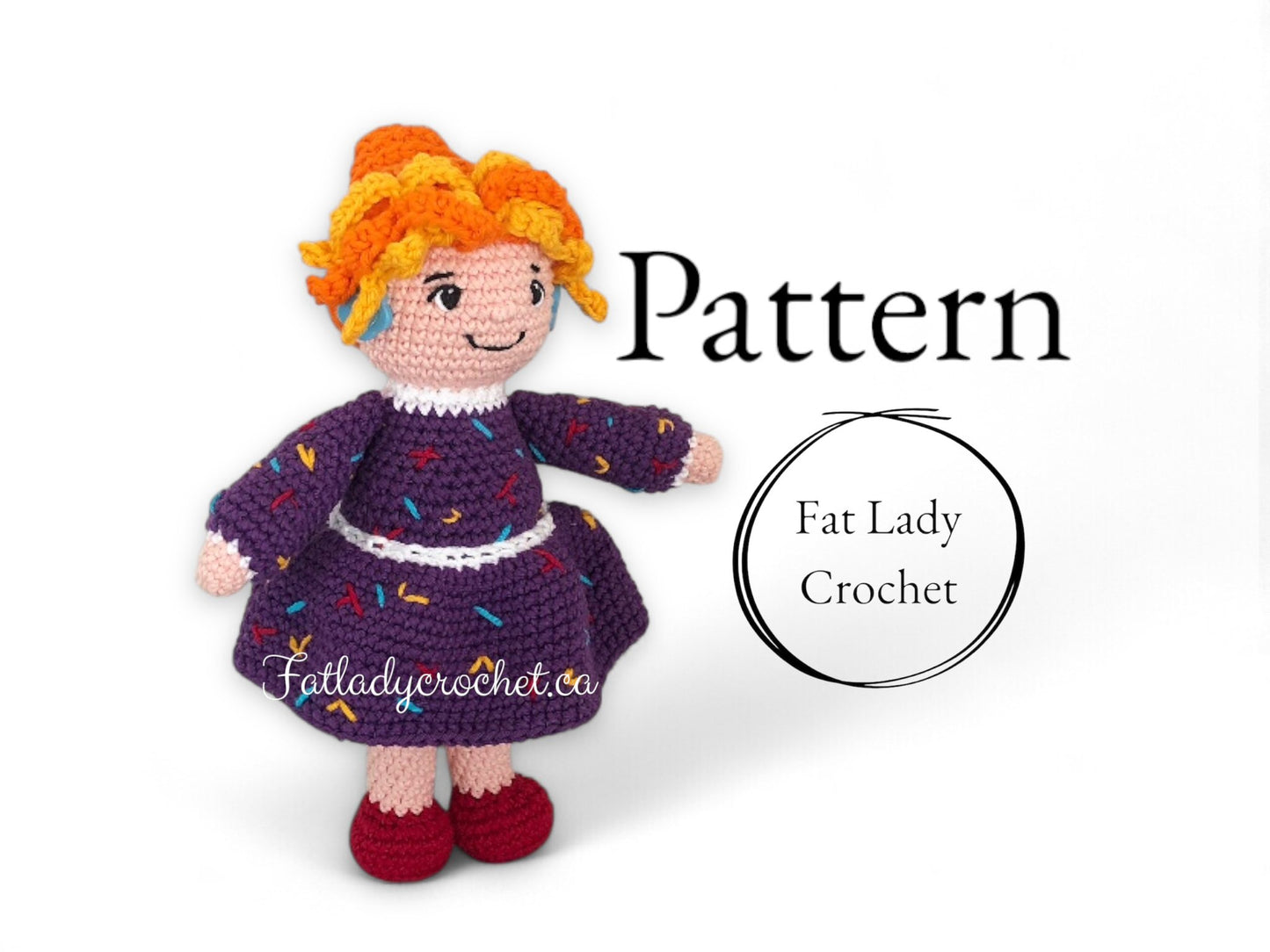 Crocheted Mrs. Frizzle doll on a white background, featuring 'Fat Lady Crochet' branding.