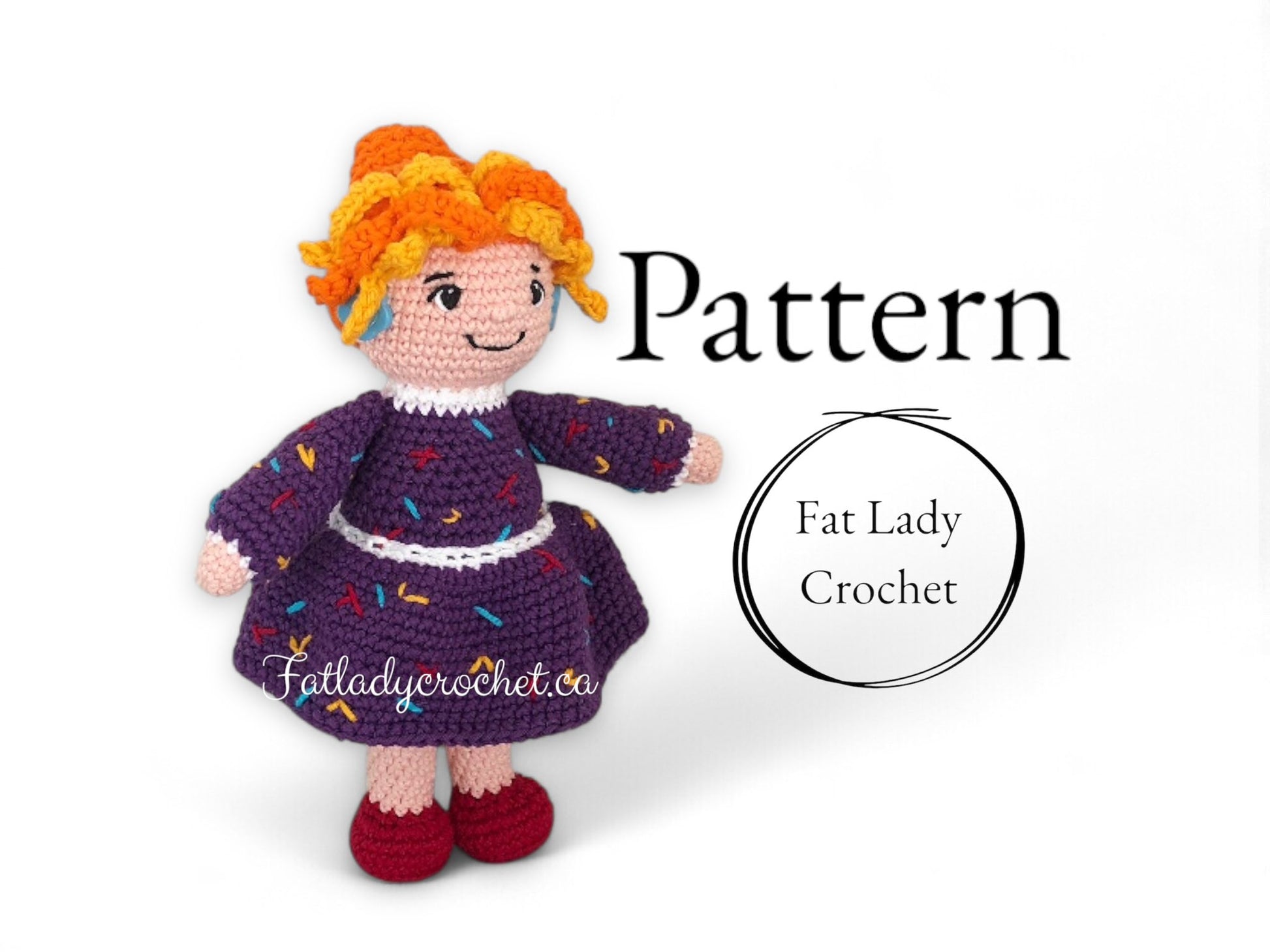 Crocheted Mrs. Frizzle doll on a white background, featuring 'Fat Lady Crochet' branding.