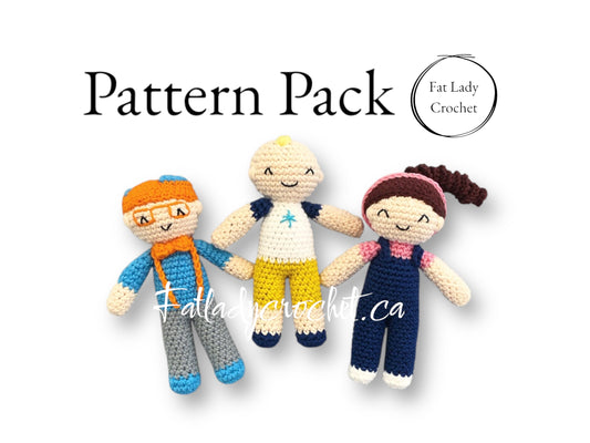 Three crocheted toy figures resembling a child with glasses, a child with a blue and yellow outfit, and a child with a blue and white outfit, all smiling and part of the 'Tiny Tots Trio' pattern pack.