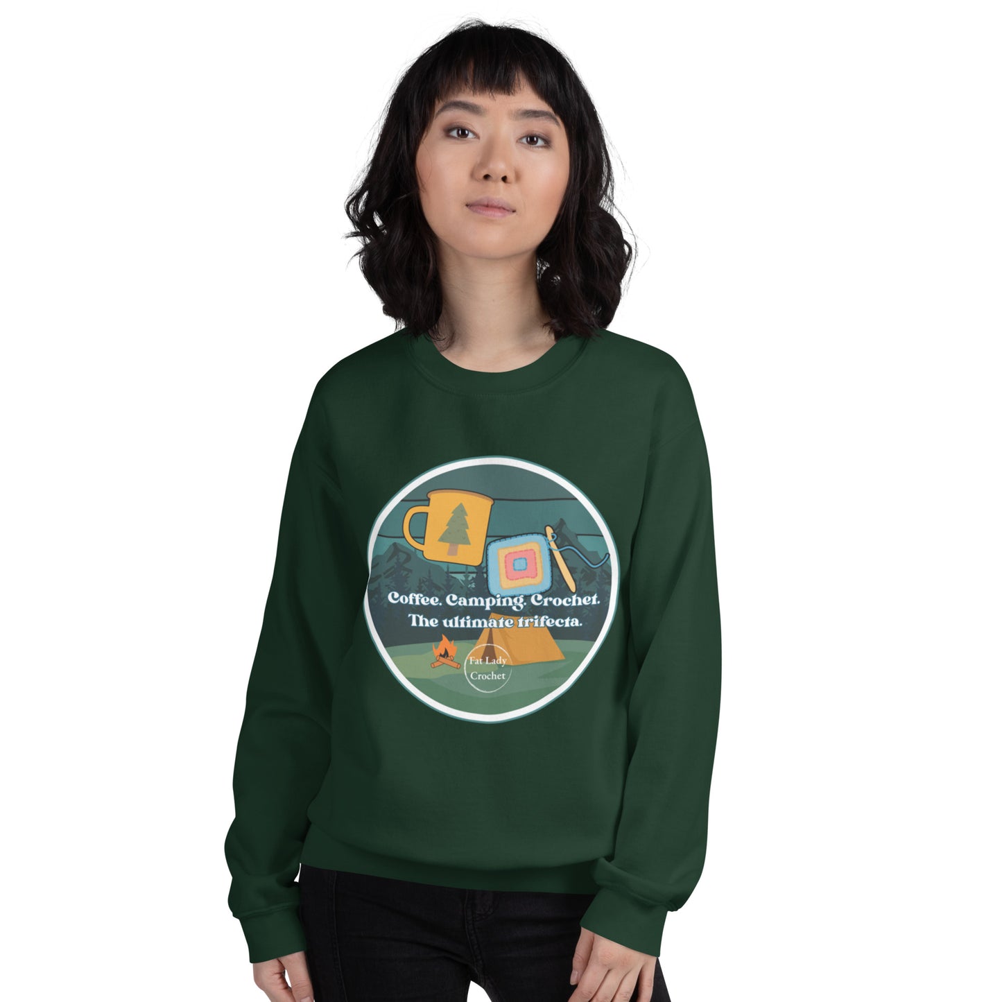 Person wearing a green sweatshirt with a graphic design on a white background