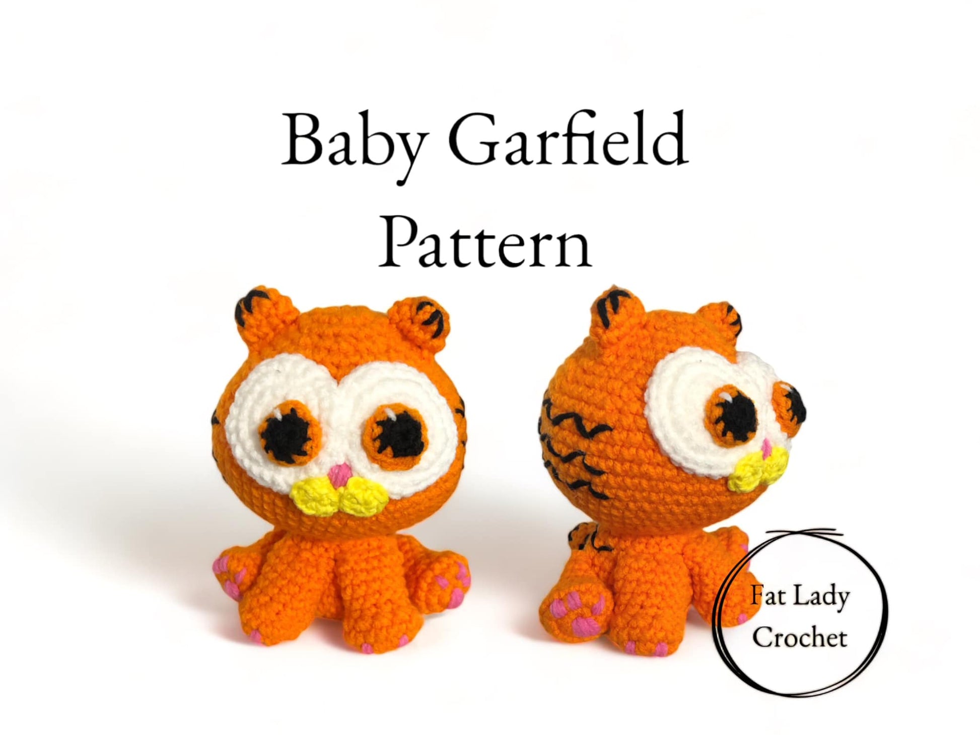 A crocheted plush resembling a kitten version of garfield sitting against a white background with text that reads "Baby Garfield Pattern" with the logo of the creator in the bottom right corner. 