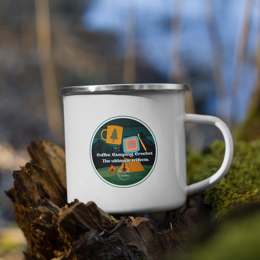 White mug with "Coffee. Camping. Crochet. The ultimate trifecta" logo printed on. 