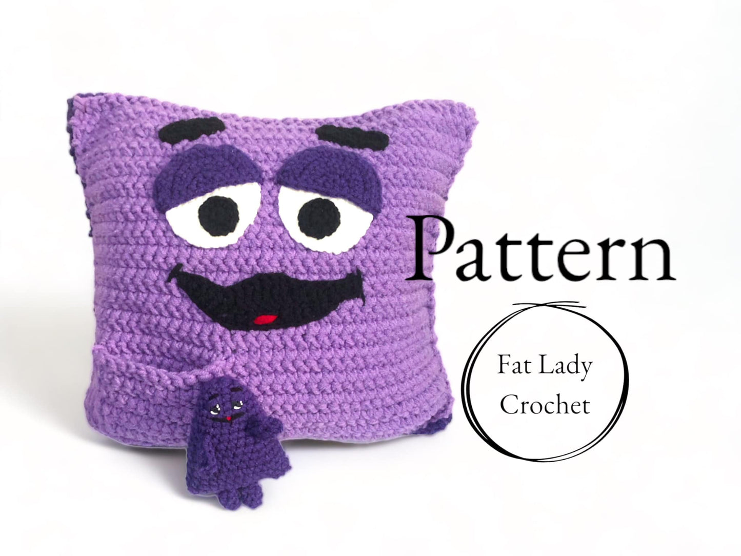A crochet Grimace pillow with a crochet Grimace pocket pal in front of it sitting against a white background with text that reads "Pattern," and "Fat Lady Crochet." 