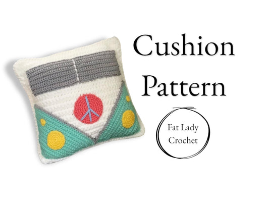 A crochet cushion pattern with a van design, featuring peace symbols and multiple colors including white, grey, turquoise, coral, and yellow with text that says "Cushion Pattern," and "Fat Lady Crochet." 