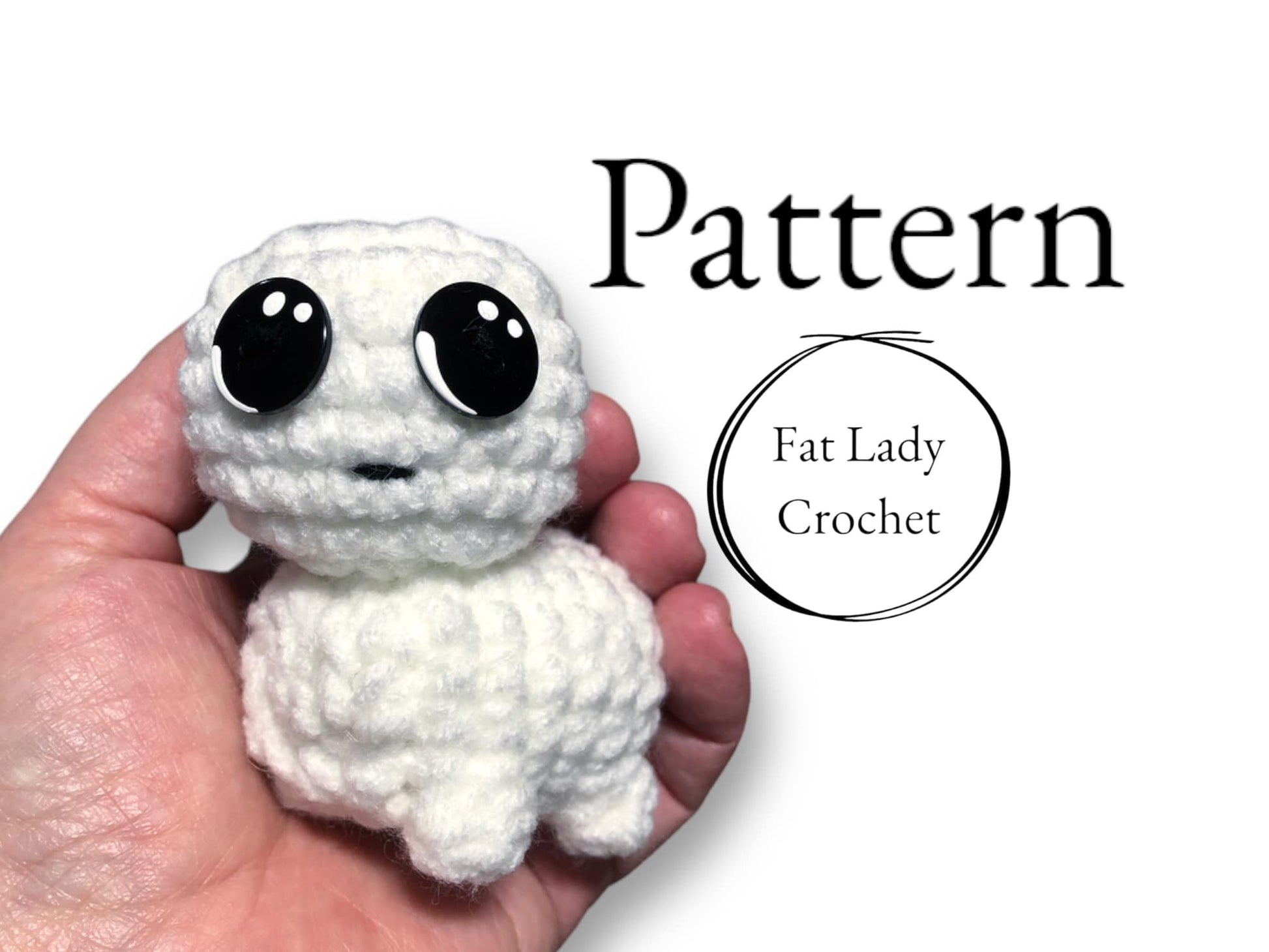 A crocheted version of the tbh creature being held up against a white background with text that reads "Pattern," and "Fat Lady Crochet." 