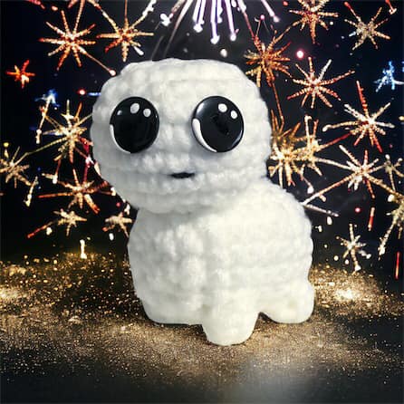 A crocheted version of the tbh creature standing against a background of fireworks. 