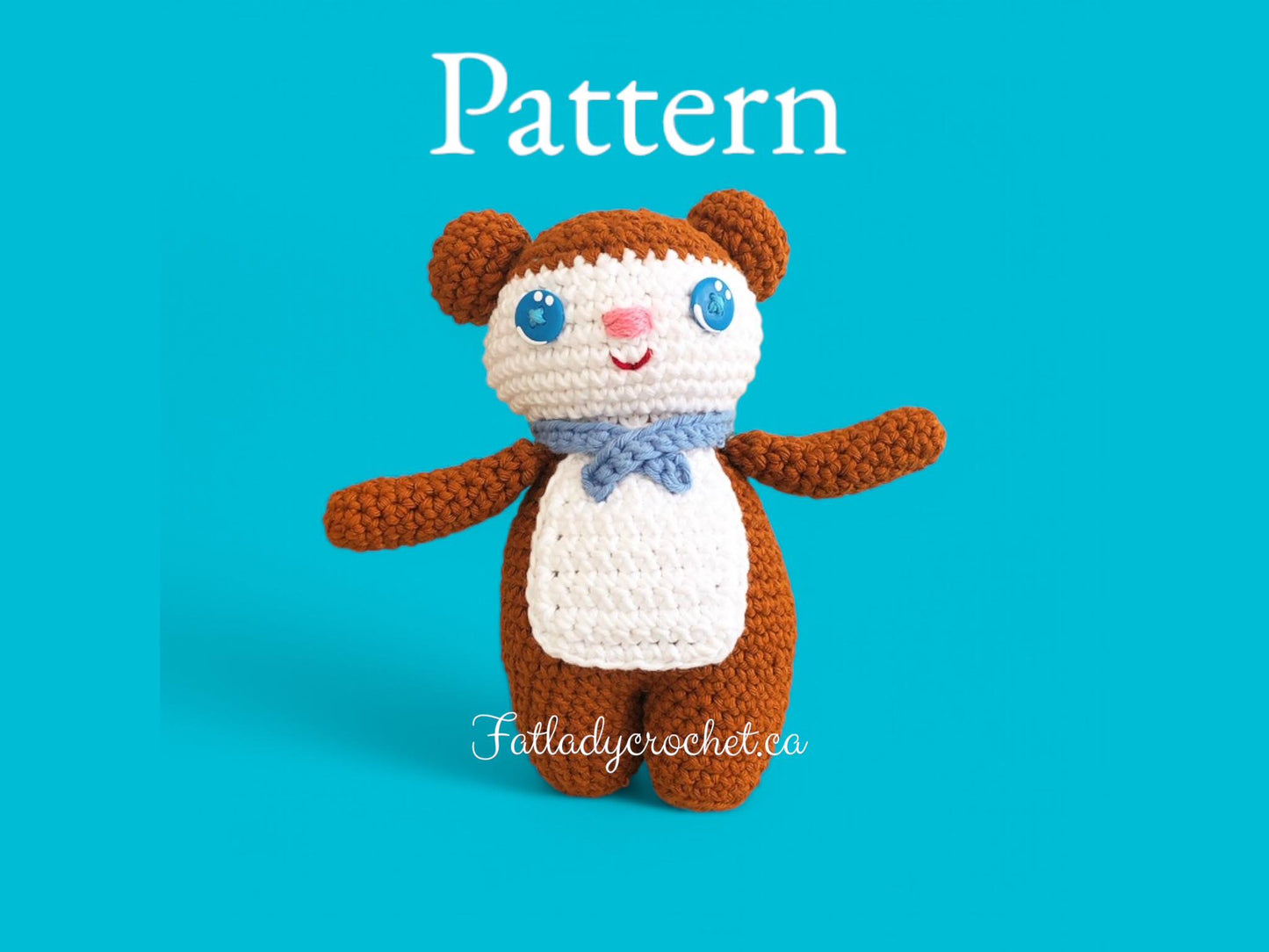 Jeremy Bear standing against a blue background with text above that reads "Pattern." 